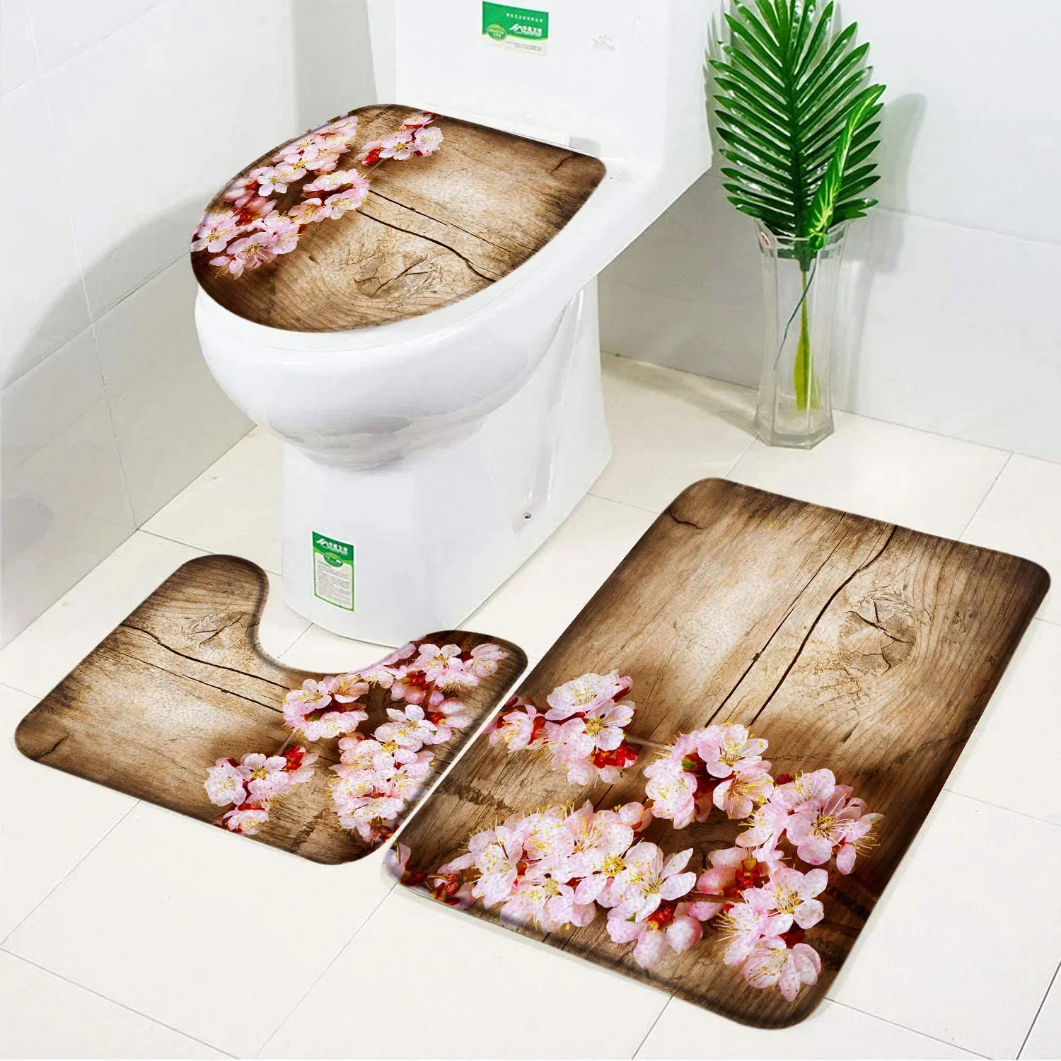 3-delige set paarse bloem op oude houten plank badmat bloemen landelijk retro decor flanel antislip badkamertapijt tapijt toilethoes