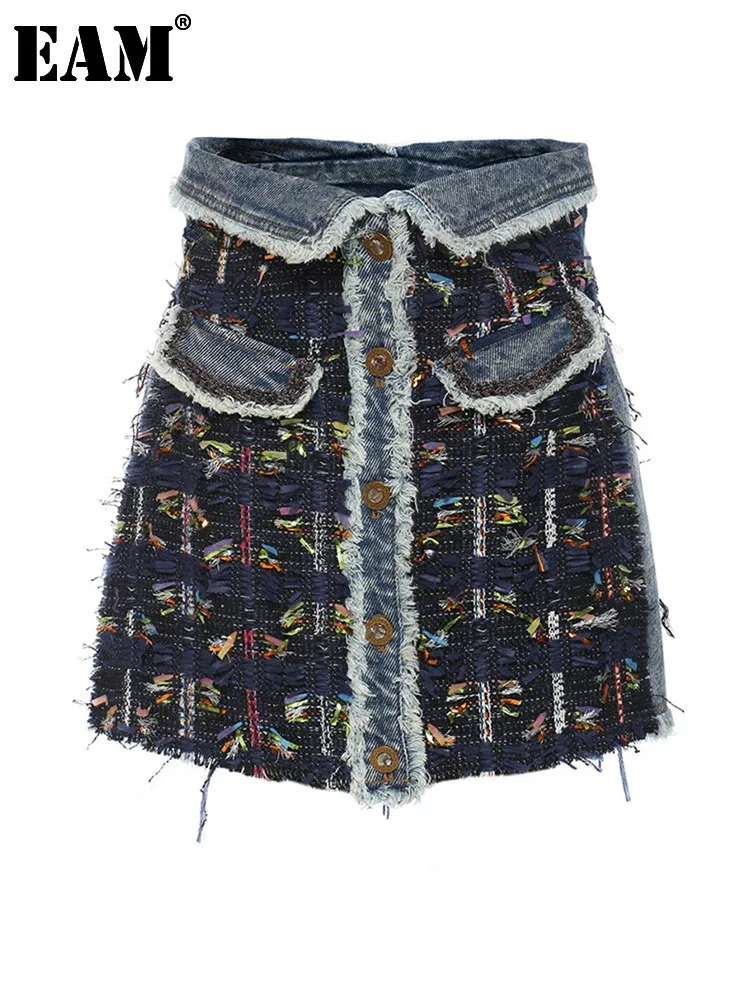 

[EAM] High Waist Blue Denim Ribbon Tassels Tweed Burr Mini Half-body Skirt Women Fashion Tide New Spring Autumn 2024 1DE2310