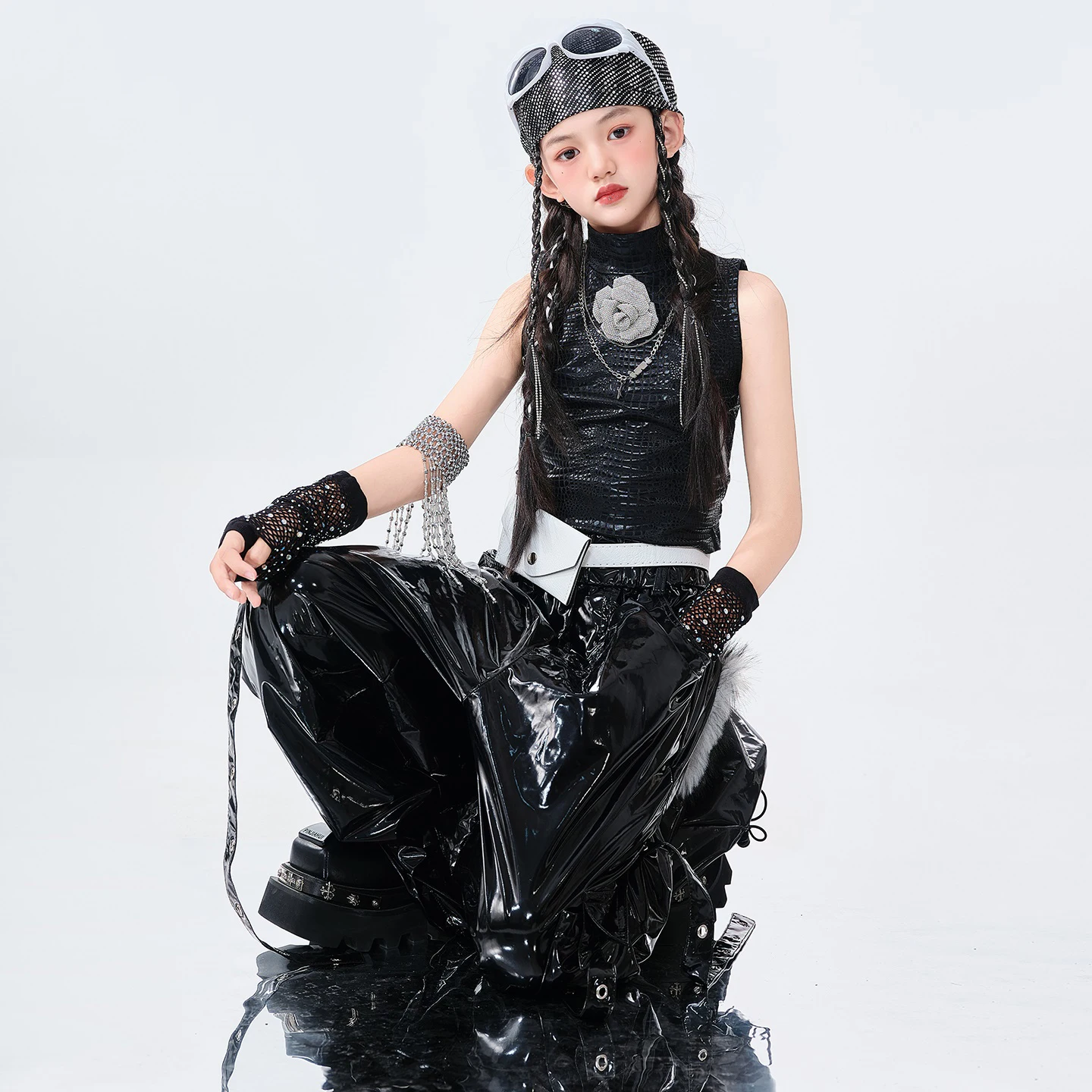 멋진 소녀 힙합 의류 블랙 민소매 탑 가죽 바지 재즈 공연 의상 그룹 Kpop 무대 댄스 착용 세트 BL16422