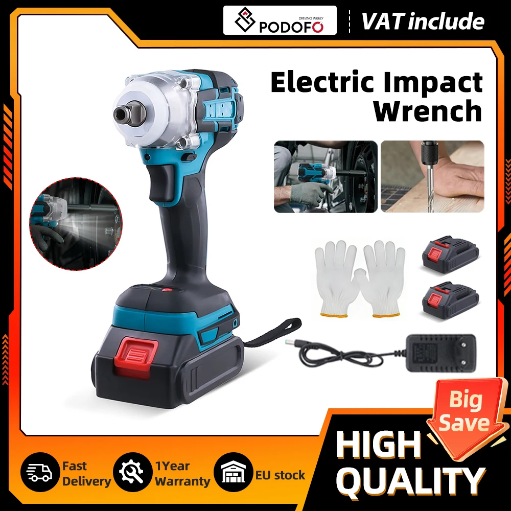 Llave de Impacto Eléctrica Recargable sin Escobillas Podofo, Atornillador de Impacto Multifuncional para Trabajos de Reemplazo y Mantenimiento de Neumáticos de Automóviles