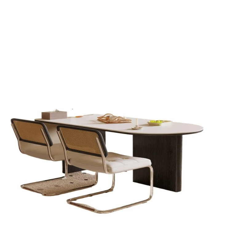 

French slate dining table, household oval dining table, medieval cream style light luxury, ash wood peninsula table