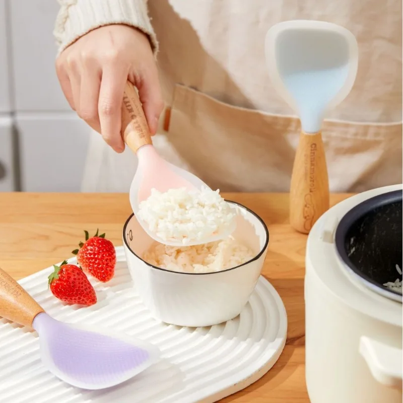 

Sanrio Kawaii Hello Kitty Rice Spoon Cinnamoroll Kuromi Anime Cartoon Home Kitchen Wooden Handled Silicone Non Stick Rice Spoon