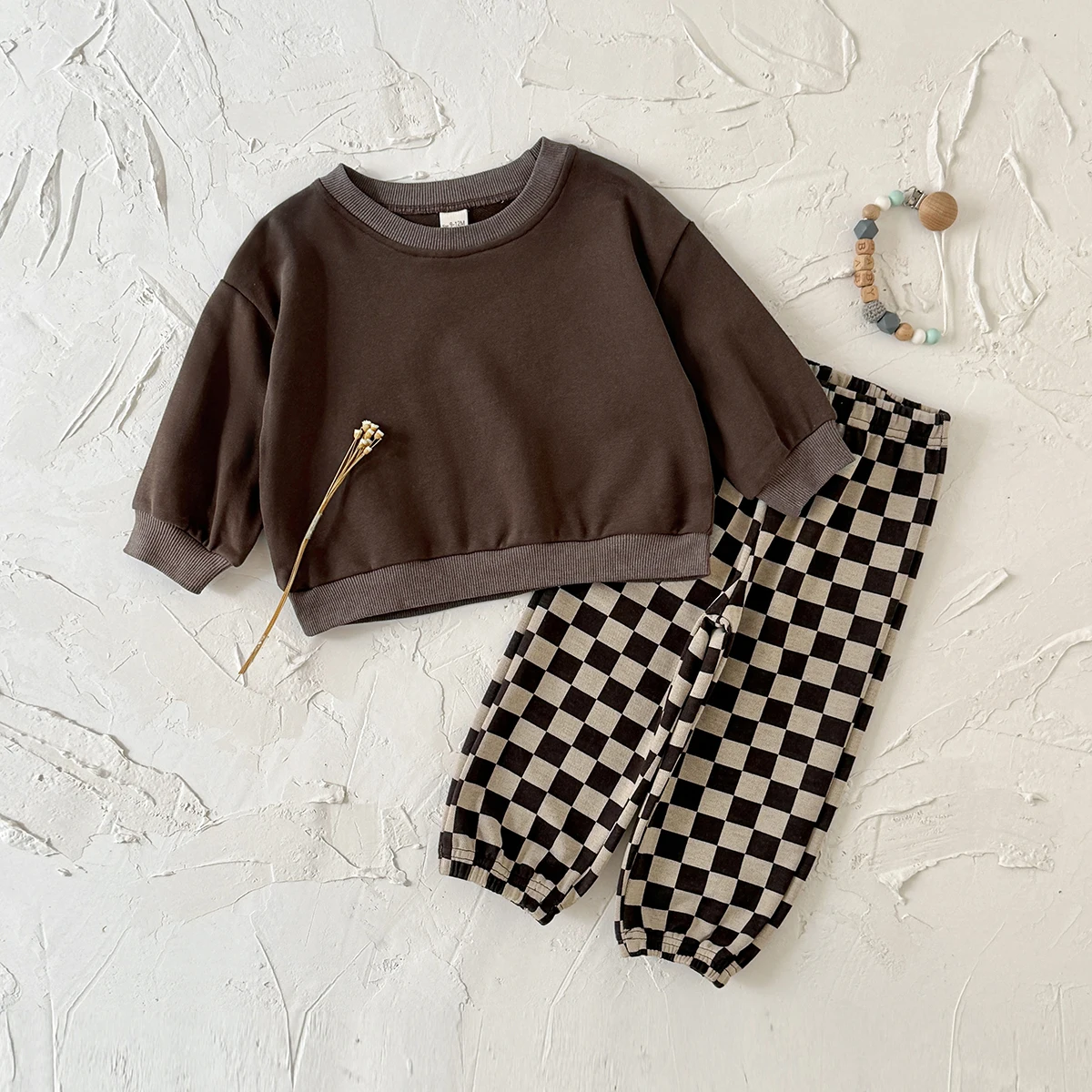 Spring/Autumn Baby Set 0-3 Years Hoodie Solid Color Top+Checkered Pants Comfortable Stylish Baby Outfit for Fall