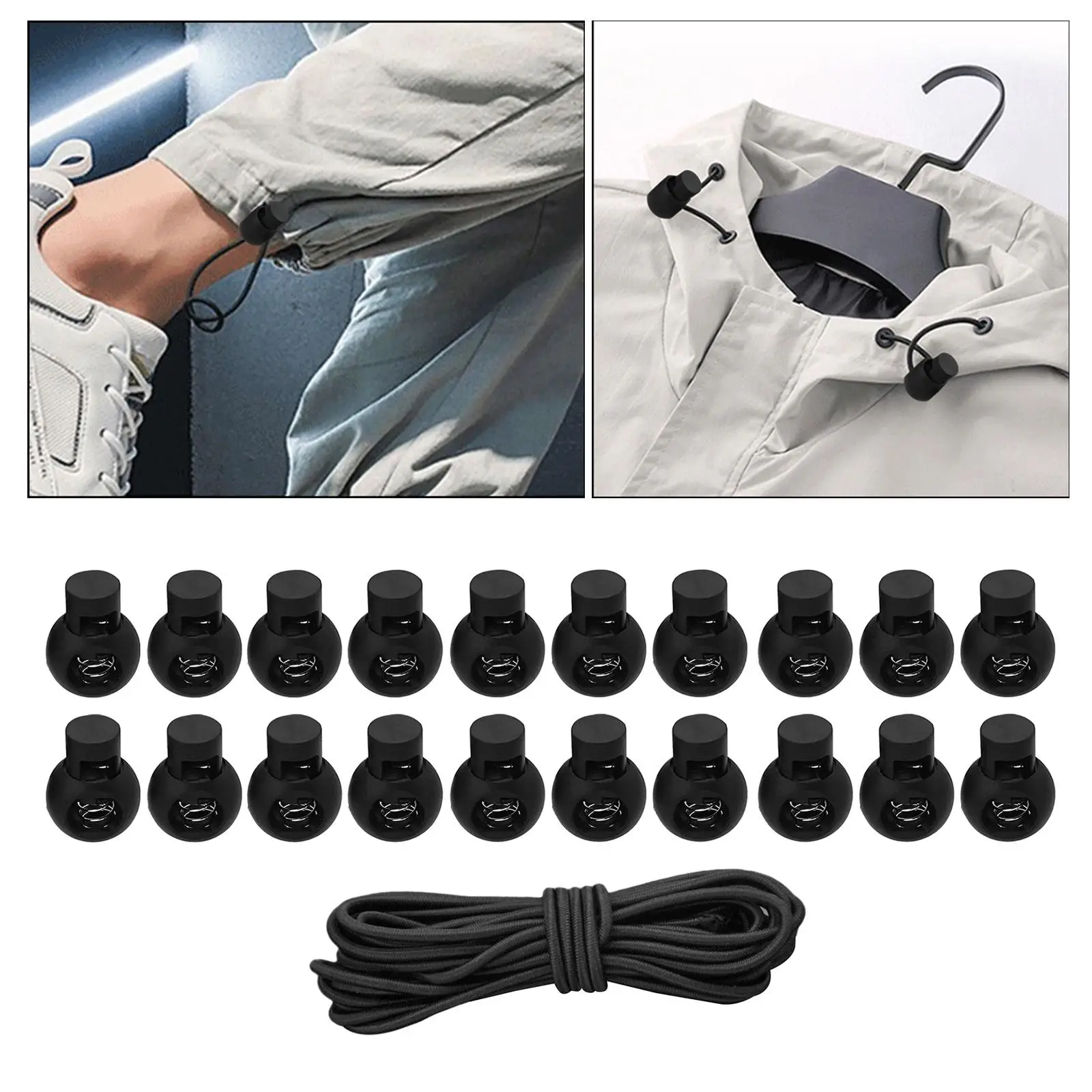 2-4pack 20pcs Plastic Cord Locks End Spring Loaded Slider + 3m Bungee Cord Style