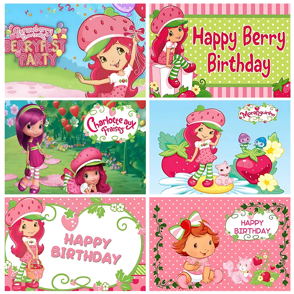 

Cartoon Strawberry Girl Theme Birthday Party Decoration Backdrop Pink Shortcake Cute Girls Banner Baby Shower Supplies Kid Gifts
