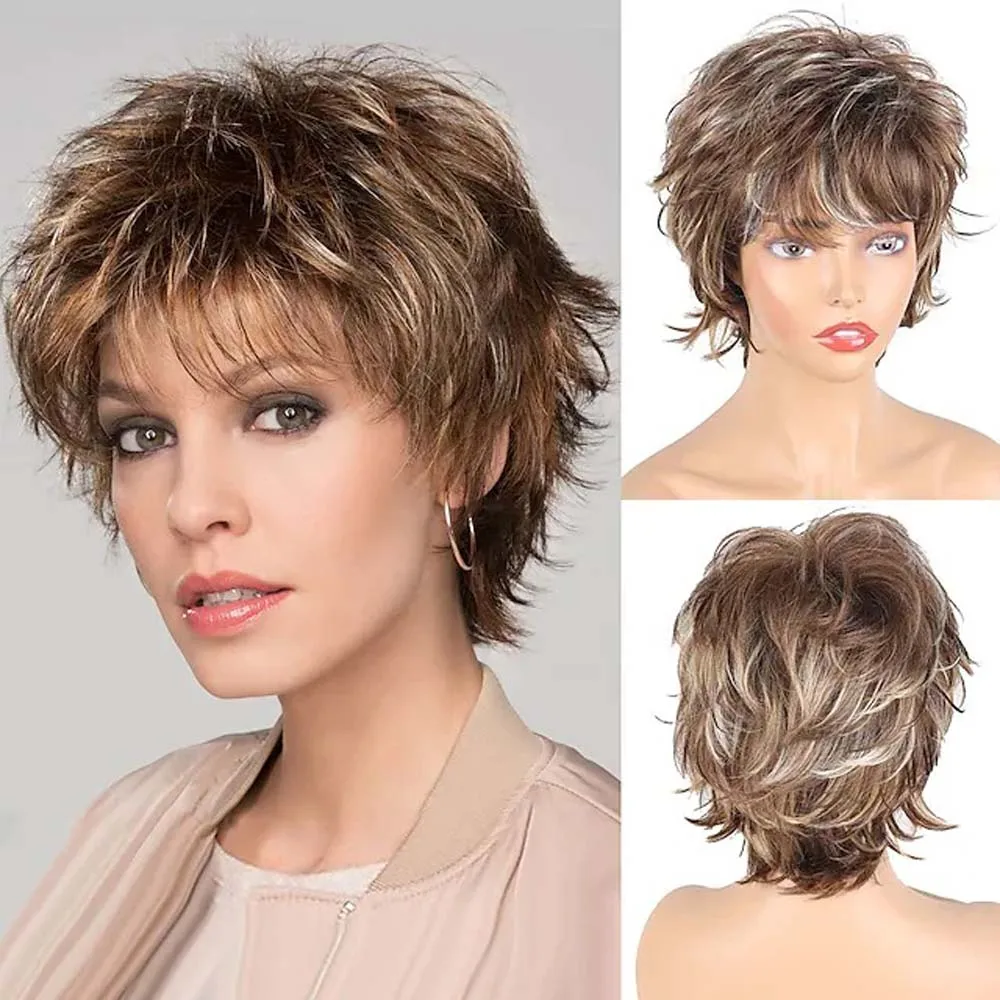 Women\'s Fashion Short Synthetic Wigs Pixie Cut Blonde Ombre Hair Costume Party Wigs for Woman Fluffy Natural Curly Wavy Wig