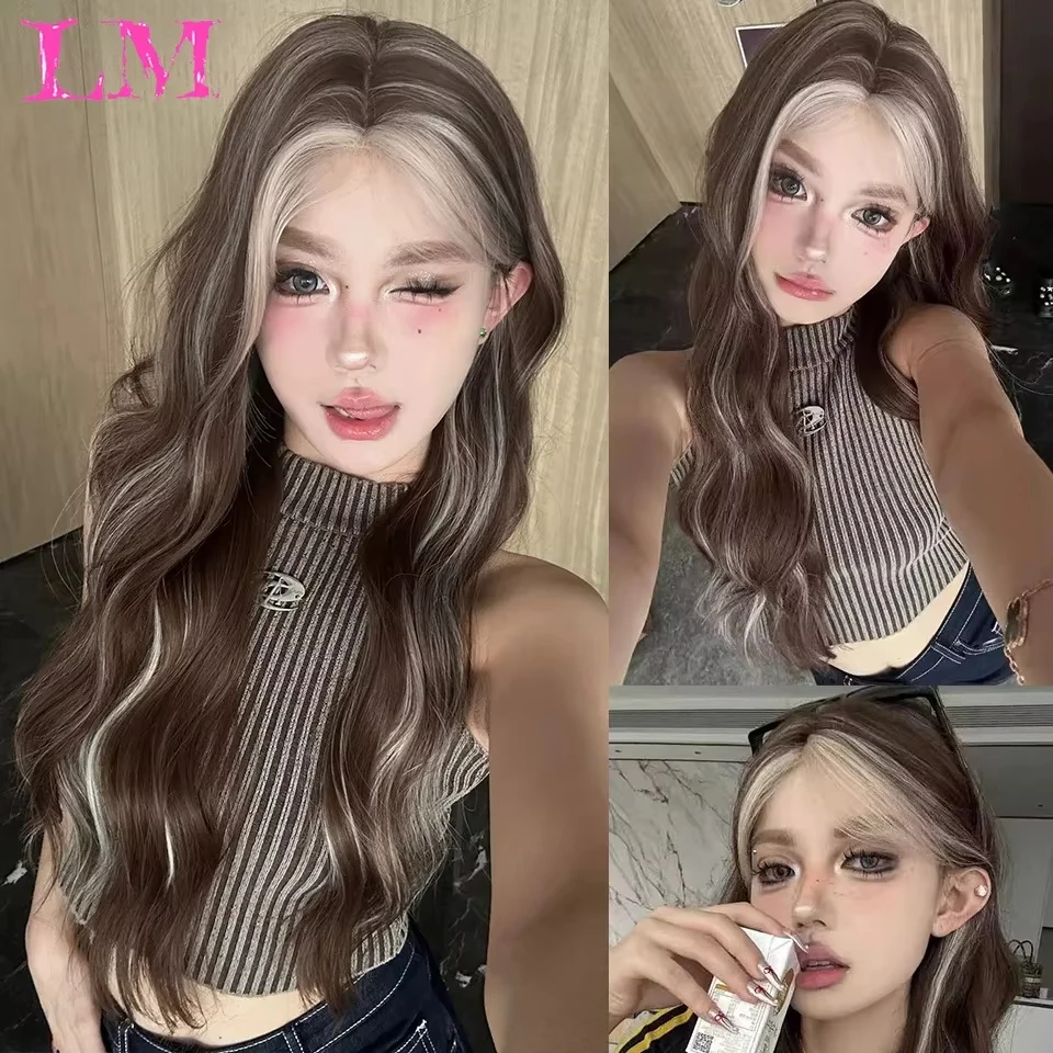 LM Synthetic Long Lace Ombre Blonde Wavy Wig for Women Middle Part Curly Natural Looking Heat Resistant Fiber for Daily