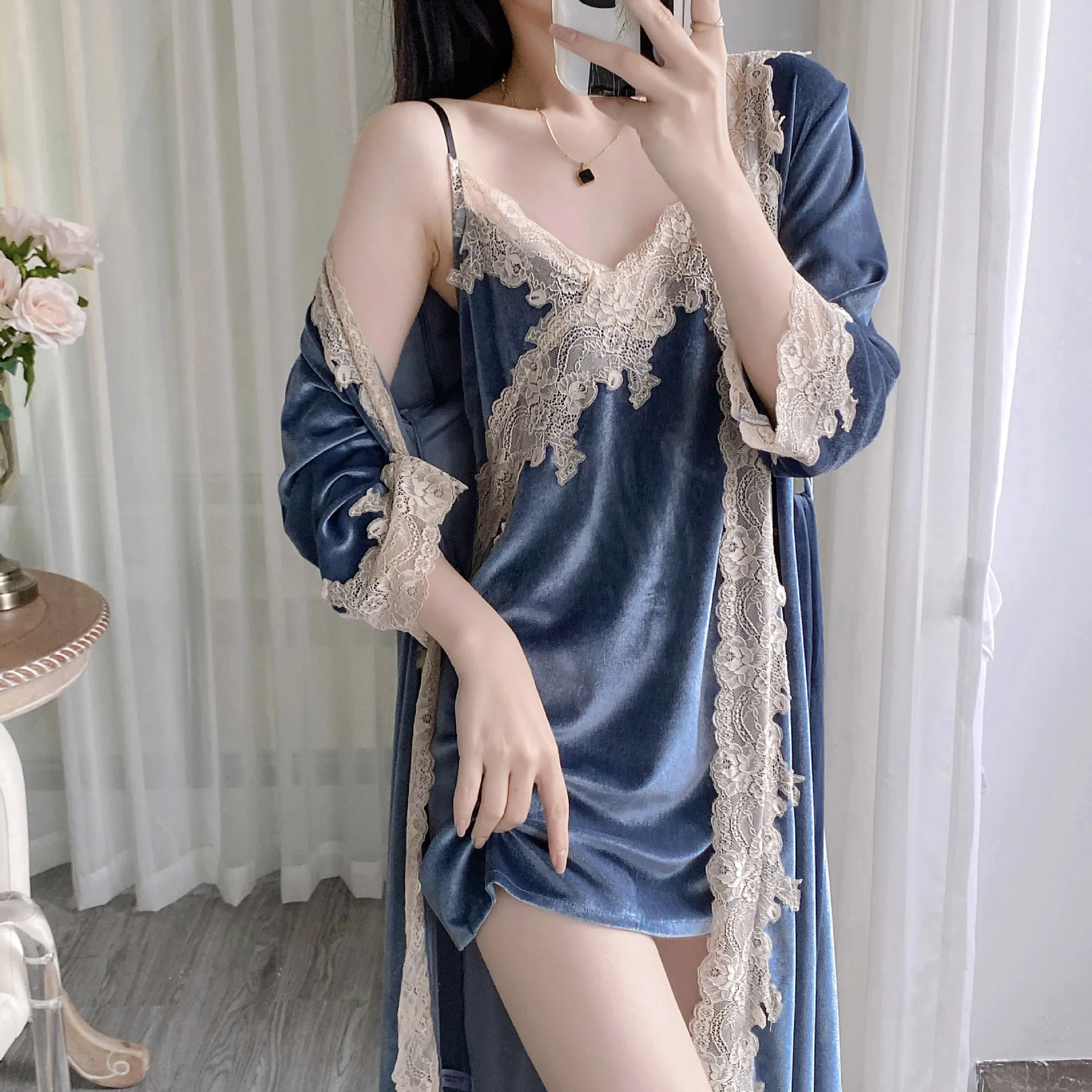 Velour Lace Robe Suit Spring Kimono Sleepwear Nightgown Homewear Women Velvet Nightdress Bathrobe Gown Sleep Set Loungewear