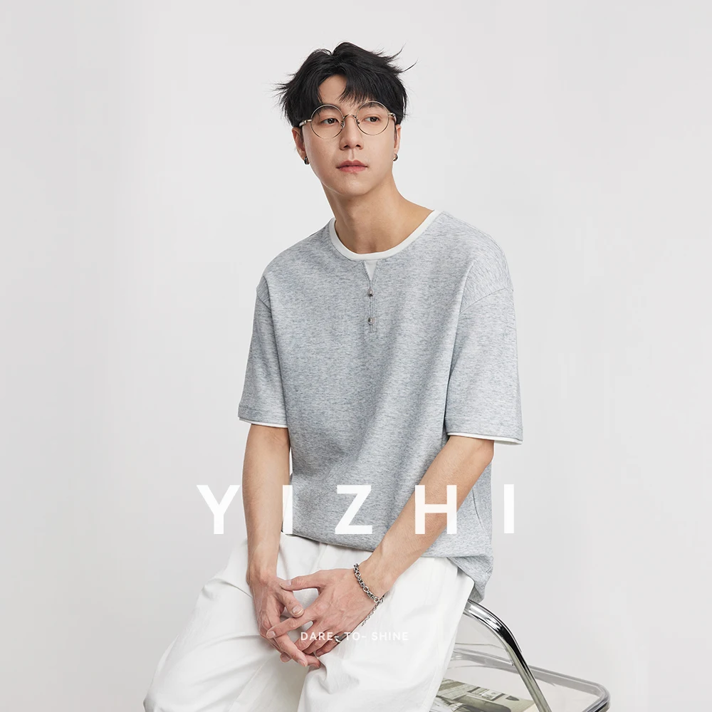Fashion Fake Two-piece Retro Henry Collar Knitted Short-sleeved 2026 Summer T-shirt Men's American
