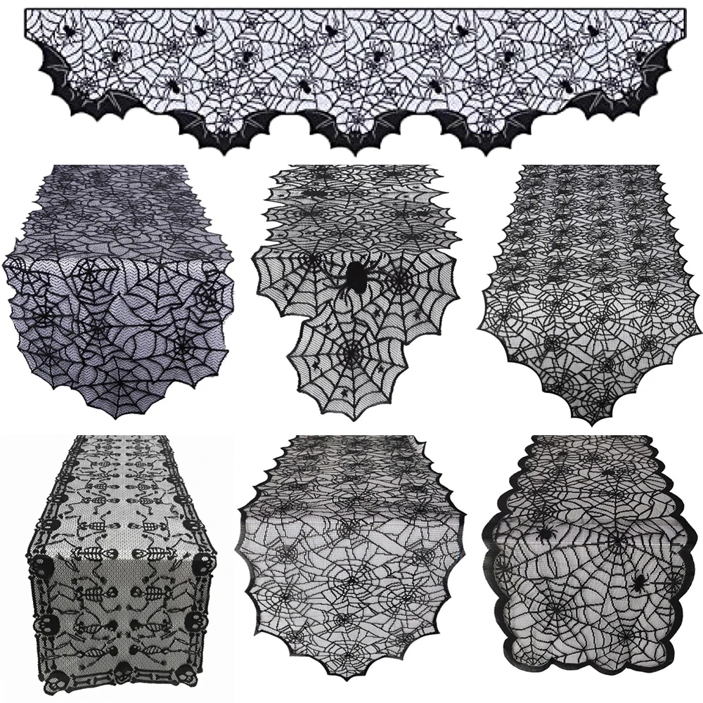 Halloween Table Runner Black Bat Spider Web Lace Tablecloth Fireplace Curtain for Halloween Party Decoration Horror House Props