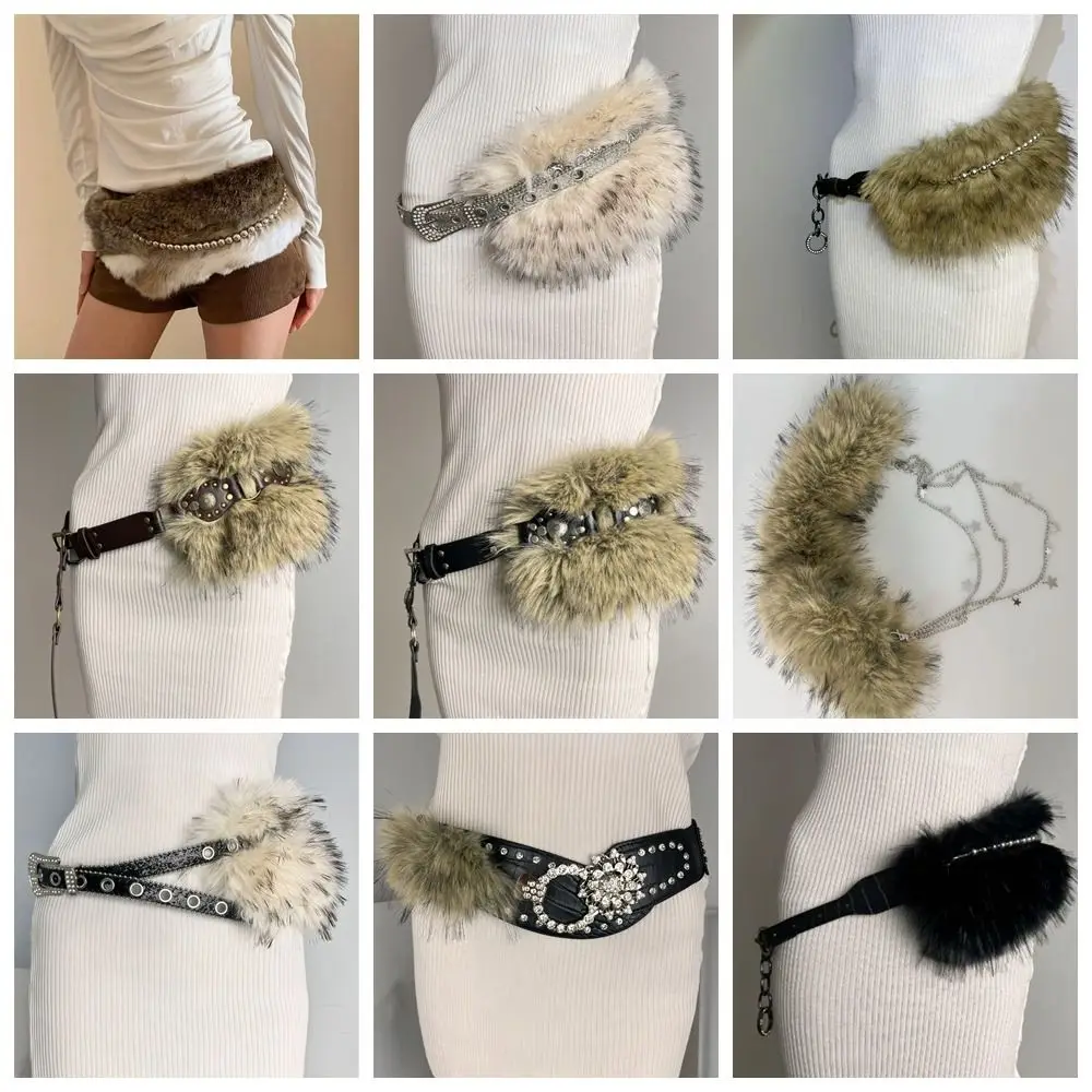 Simple Y2K Leather Fur Belt Rhinestone Punk Furry Waistband Jeans Decor Retro Plush Waist Belt Daily