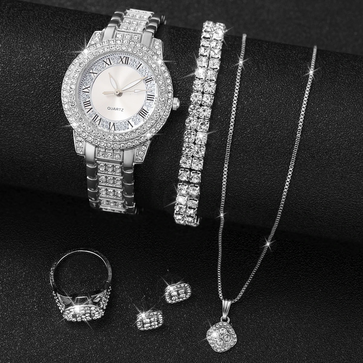 6PCS/Set Women\'s Watch Fashion Rhinestone Roma Dial Quartz Watch Steel Band Wristwatches Diamond JewelrySet（Without Box）