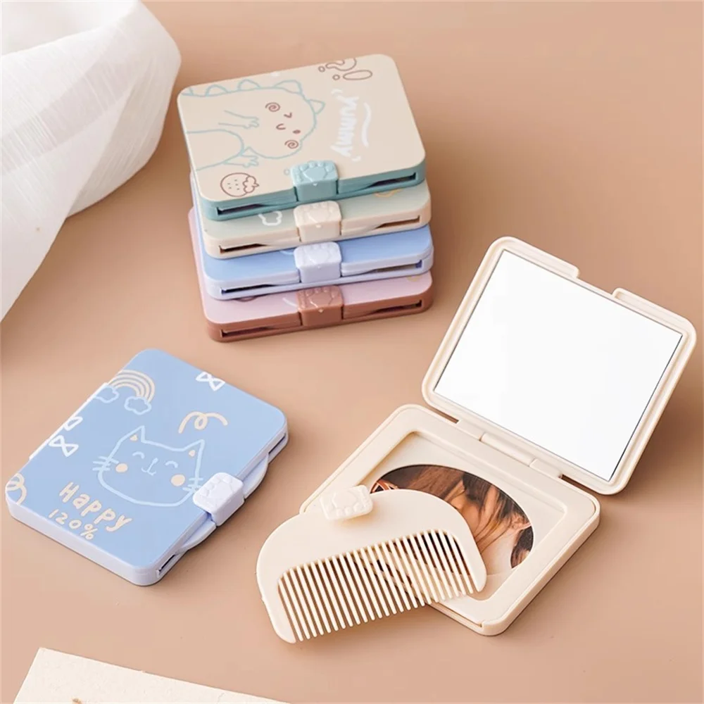 Portable Folding Makeup Mirror With Comb Women Travel Essential Mini Mirror Pocket Rectangle Cosmetic Mirror Random Color