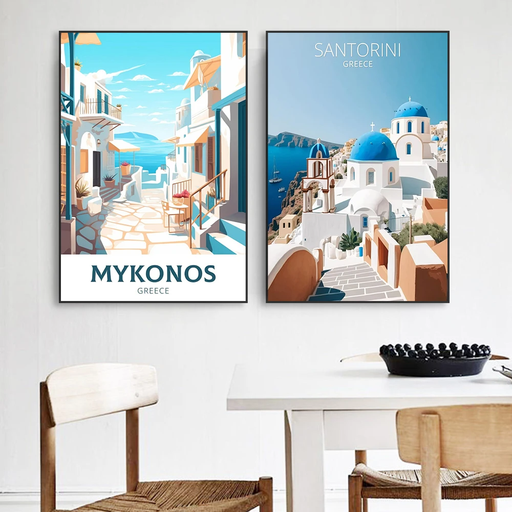 Santorini Travel Prints Greece Landscape Poster Mykonos Colorful Canvas Painting Office Decoration Home Living Room Wall Decor