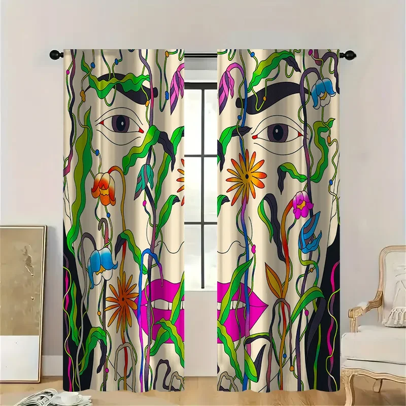 2pcs Psychedelic Face & Flora Curtains with Rod Pocket, Multicolor Abstract Pattern Sheer , Artistic Statement for Modern Wall