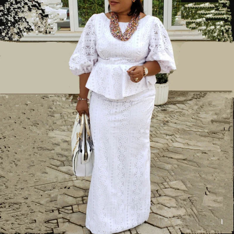 Elegant African Fashion Women Dress Set Retro Embroidery 3/4 Sleeve White 2-piece skirts matching sets