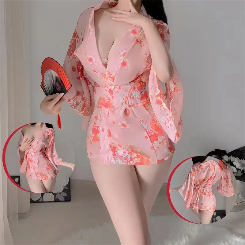 Women Sexy Lingerie Cosplay Pink Japanese Kimono Set Home Pajamas Bodysuit Women\'s Underwear Japan Short Dress Lace Sleepwear