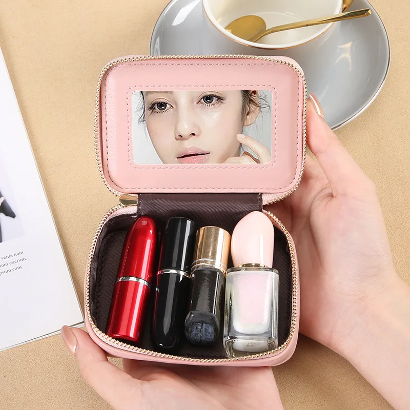 Mini Makeup Bag with Mirror Mouth Red Bag Fashionable Portable Convenient Key Bag Storage Large Capacity Beauty Bag