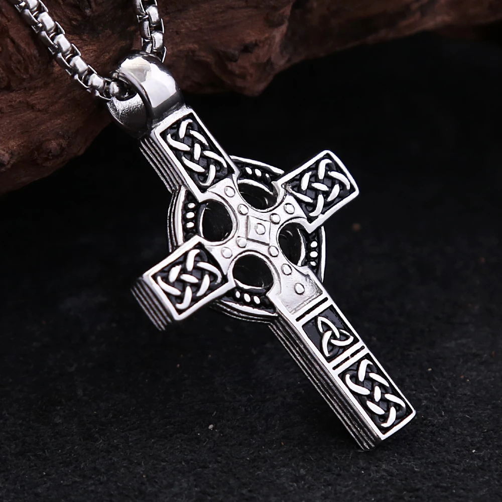 Vintage 316L Stainless Steel Cross Pendant Necklace For Men Fashion Nordic Celtic Knot Rune Pendant Amulet Jewelry Dropshipping