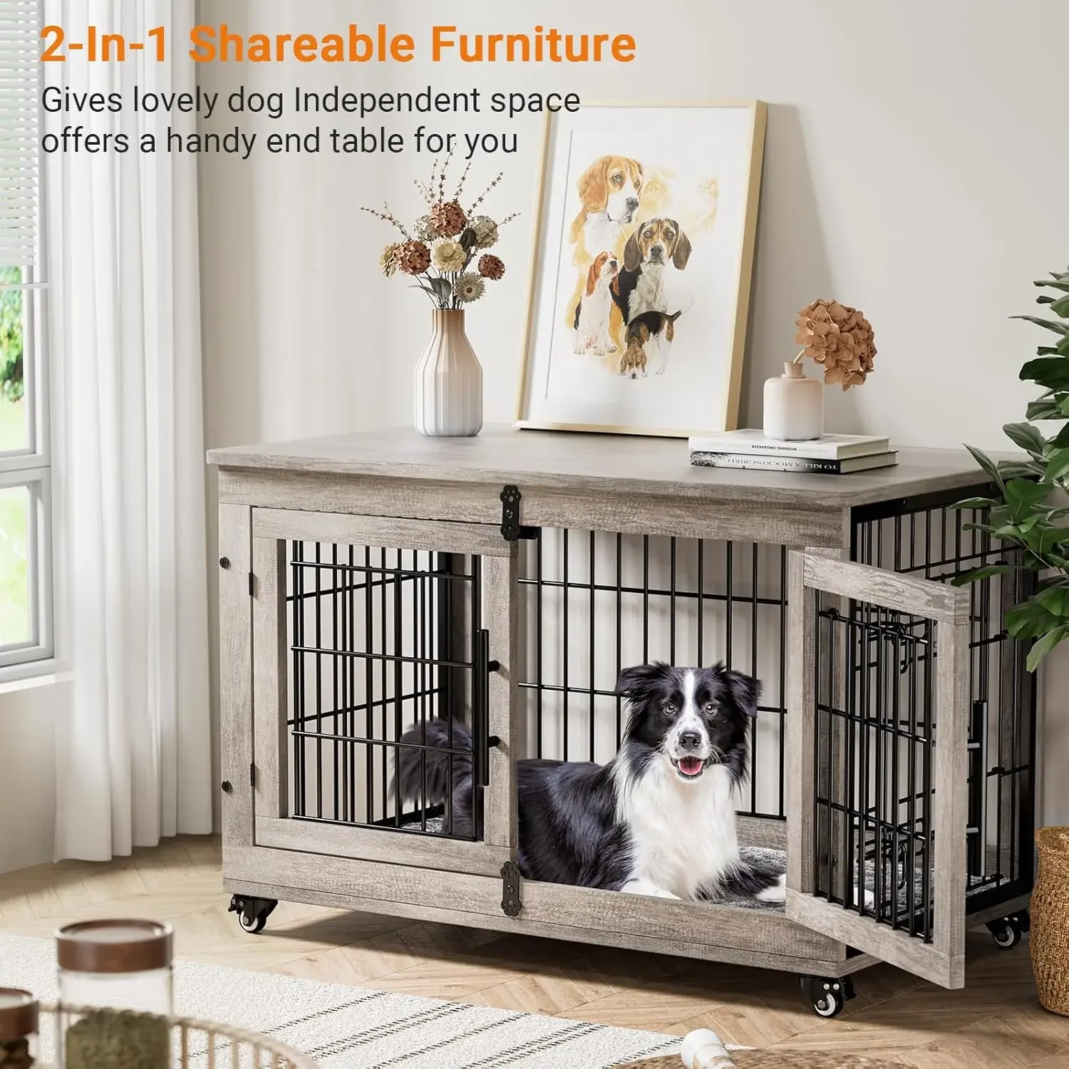 Lulive Large Dog Crate Furniture, 38'' Wooden Dog Crate End Table, Double Door Dog Kennel Indoor with Cushion & Wheels,