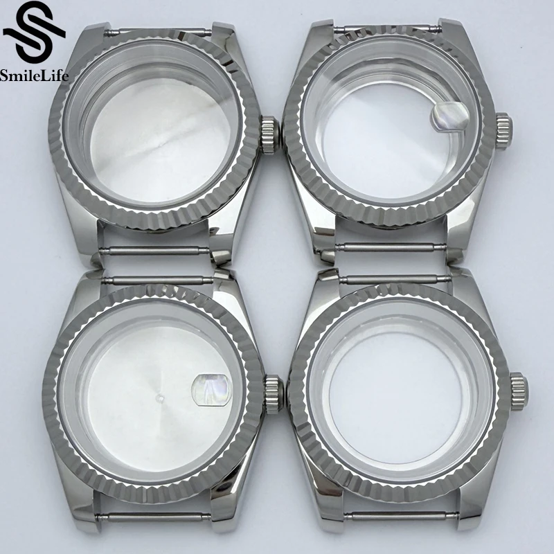 Smilelife vidro de safira 36mm/39mm para homens caixa de relógio caber nh34 nh35 nh36 movimento à prova dwaterproof água moda prata 316l inoxidável