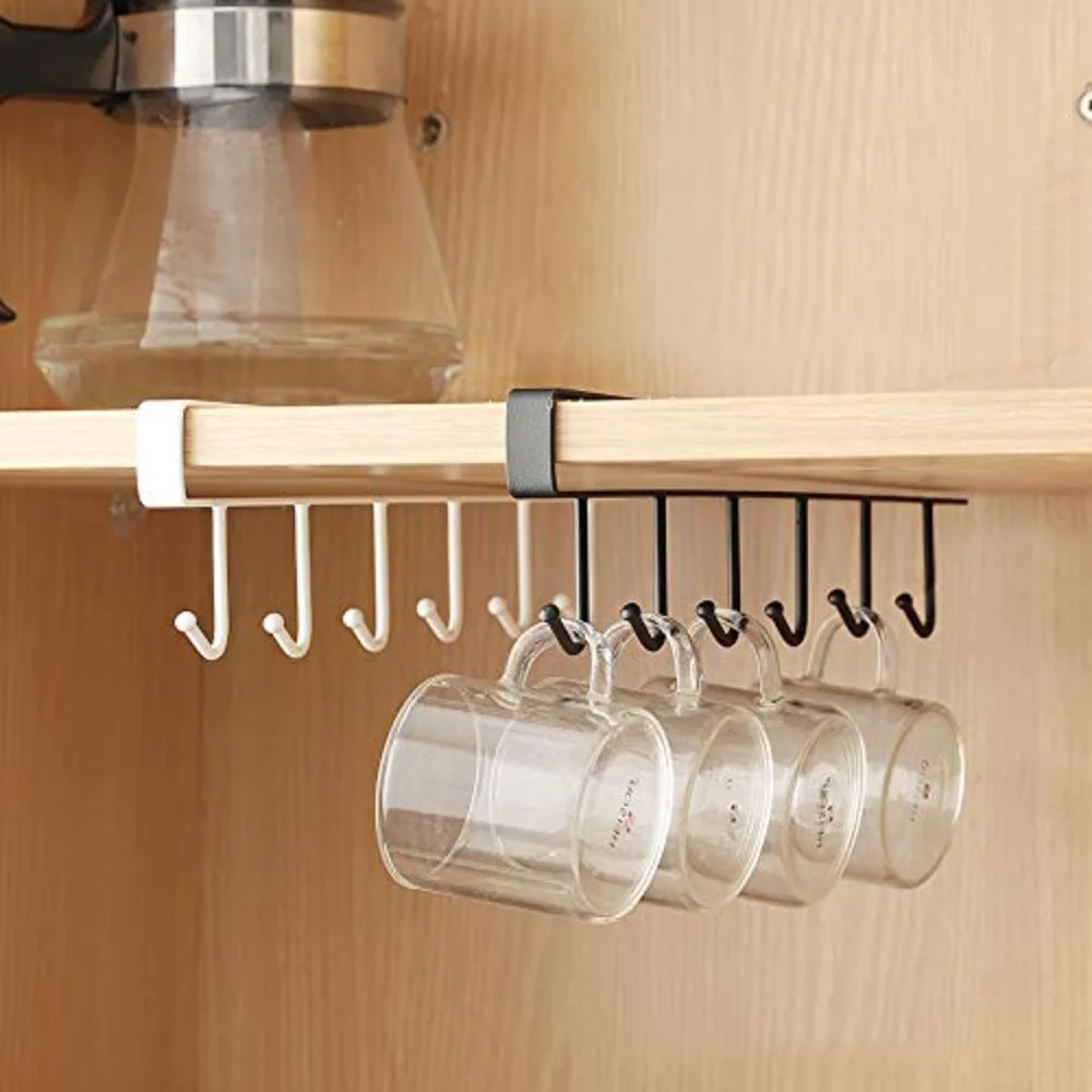 1Pcs Under Cabinet Mug Rack With 6 Hooks No Drill Coffee Cup Holder Organizer Fit Most Thickness Kitchen Shelves Kitchen Storage