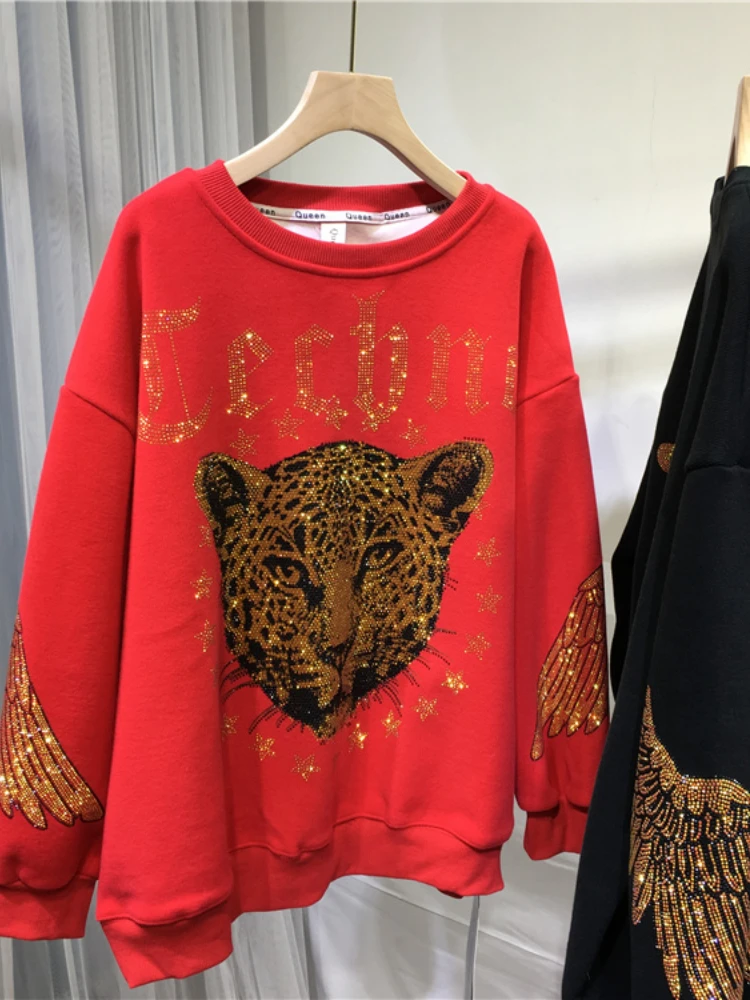 L-4XL de leopardo con diamantes de imitación para hombre y mujer, sudadera de marca de lujo, talla grande, primavera y otoño