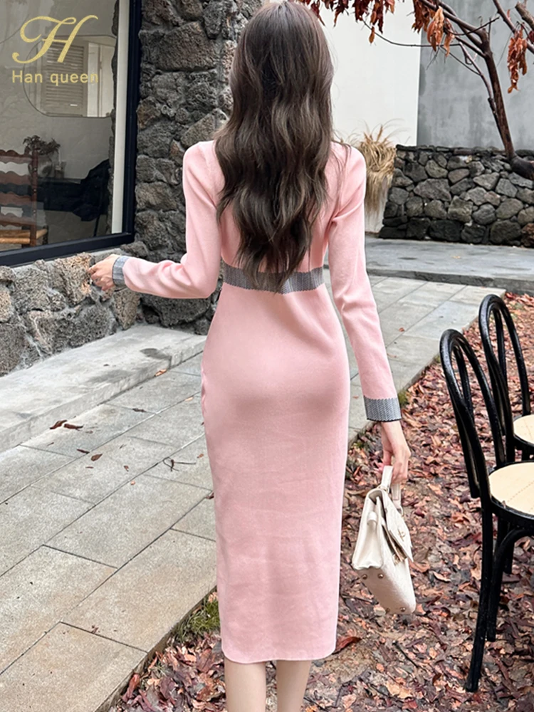 H Han Queen Autumn Winter Women Color Clash Simple Vintage Dresses Office Casual Dress Elegant Slim Bottoming Knit Midi Vestidos