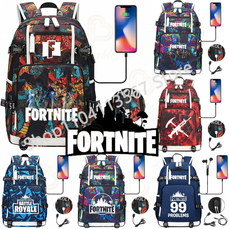 Vendetta F-Fortnited Battle Royale Rucksack mit USB-Aufladung, Anime-Figuren, Lernfach für Schreibwaren für Studenten, Mochila