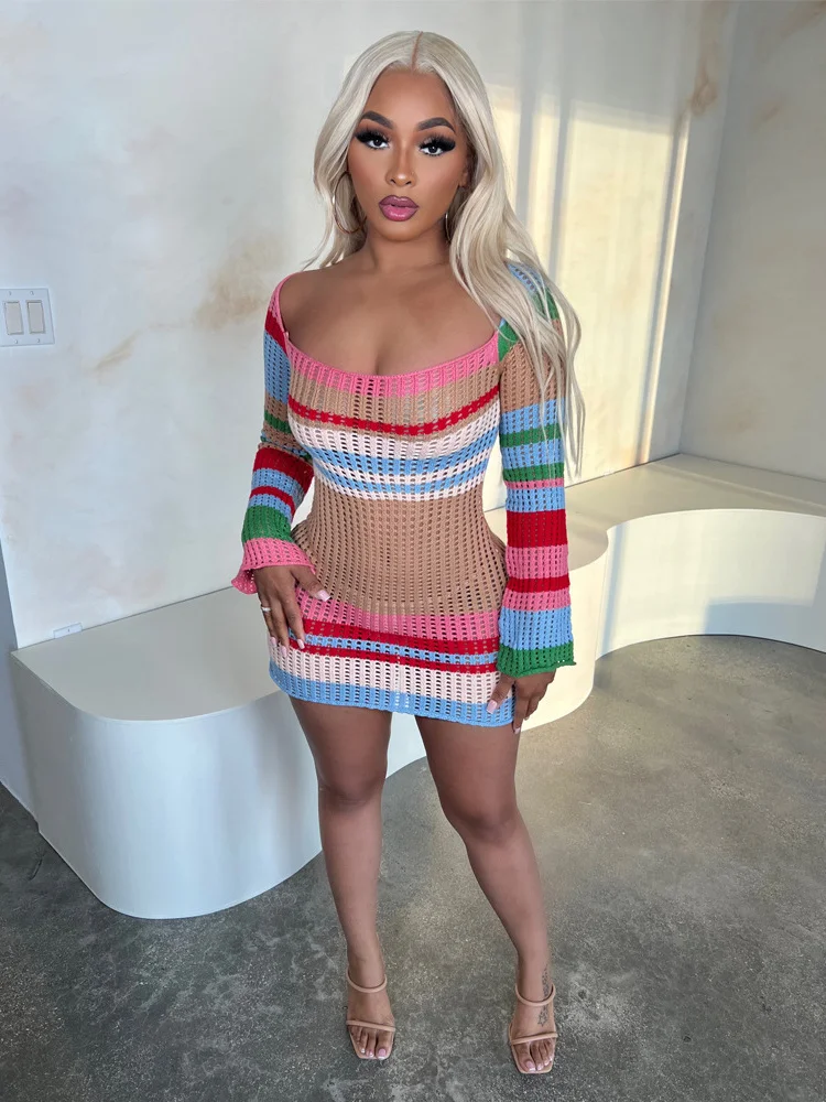Weird Puss Coloful Knit Women Dress Contrast Color Striped Round Neck Long Sleeve Skinny Autumn Vacation Streetwear Y2K Bodycon