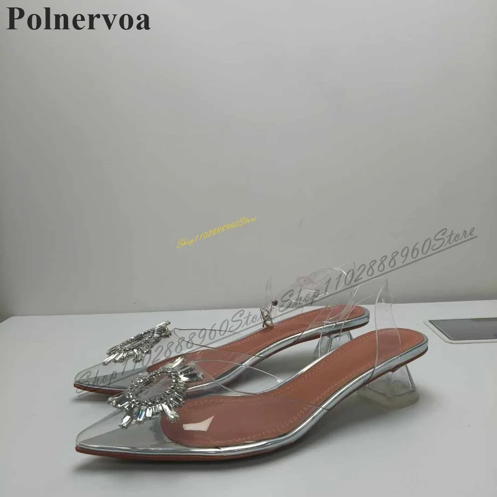 Slingback Clear PVC Kristal Decoratie Sandalen Clear Hak Vrouwen Schoenen Terug Band Puntschoen 2024 Mode Zapatos Para Mujere