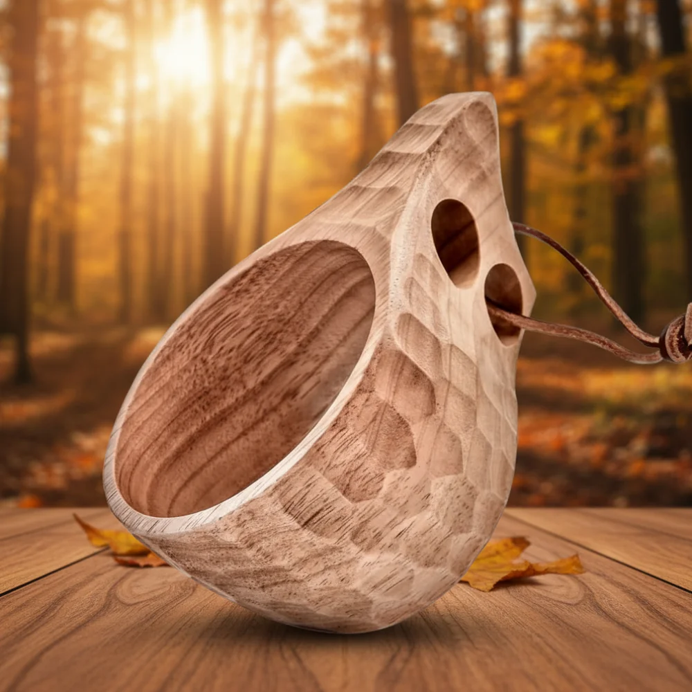 

2PCS Hand - Carved Wooden Kuksa Cup with Leather Lanyard, Lightweight & Durable for Outdoor Camping Hiking