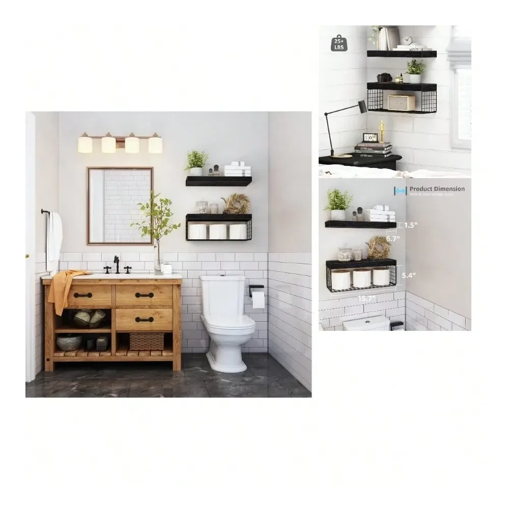 

Shelves Over Toilet Wall Mounted Floating Shelves Toilet Paper Storage Small Farmhouse Decor Shelf 16 Inch Set Of 2, Black 019B