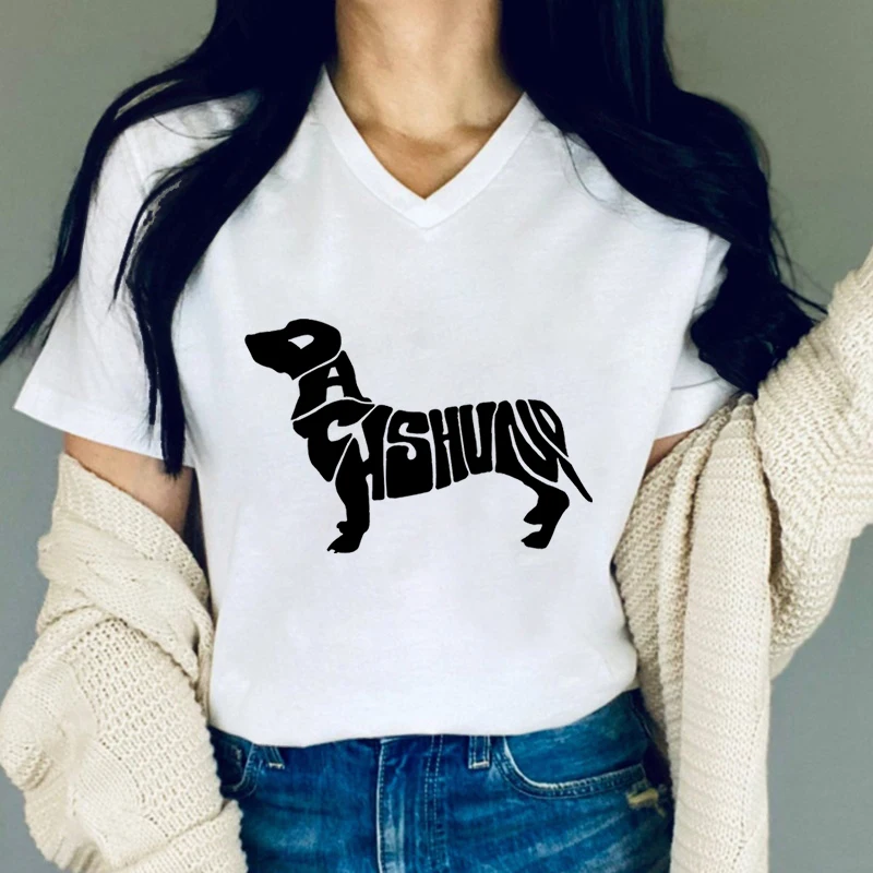 Women's Premium Word T-Shirt Dachshund Outline Graphic T Shirts Funny Dachshund Word Print Summer Clothes Dog Mom Essential Tops