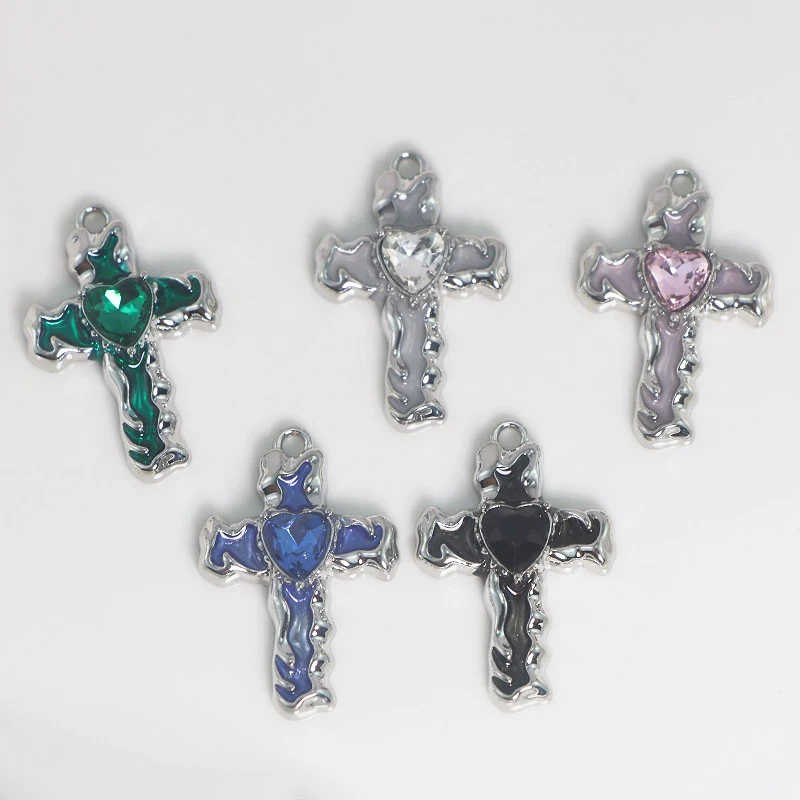 

Y2K Charms Jewelry Making Silvery Cross Pendant Heart Zircon Inlay Diy Accessories Parts Earring Necklace Craft Supplies