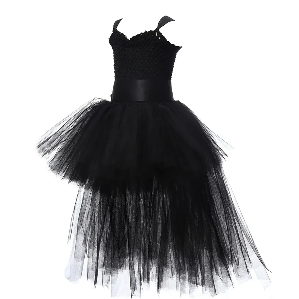 Girls Black Devil Unicorn Tutu Dress V-Neck Train Fallen Dark Angel Fancy Party Dress Carnival Halloween Costume for Kids 1-14Y