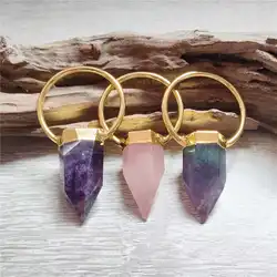 FUWO Natural Amethysts/Fluorite/Pink/Crystal Quartz Point Pendant,Golden Plated Srone Accessories For Necklace Making PD417