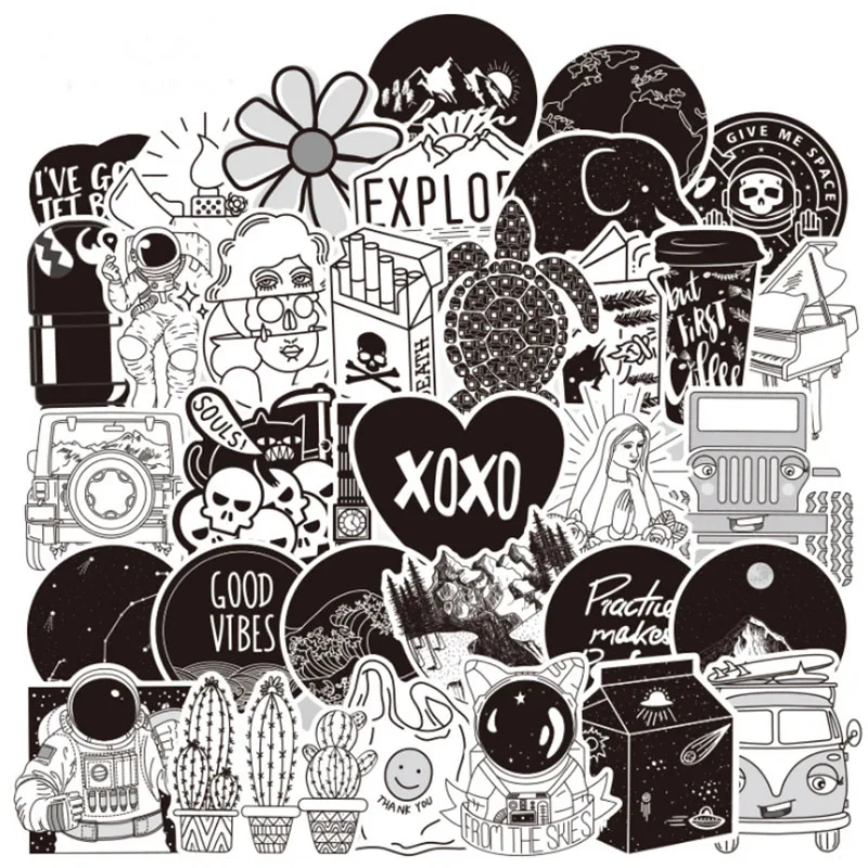 Série d'autocollants graffiti de dessin animé paysage noir et blanc, décoration de bagages, téléphone, tasse, ordinateur portable, iPad, casque, vente en gros, 10 pièces, 30 pièces, 50 pièces