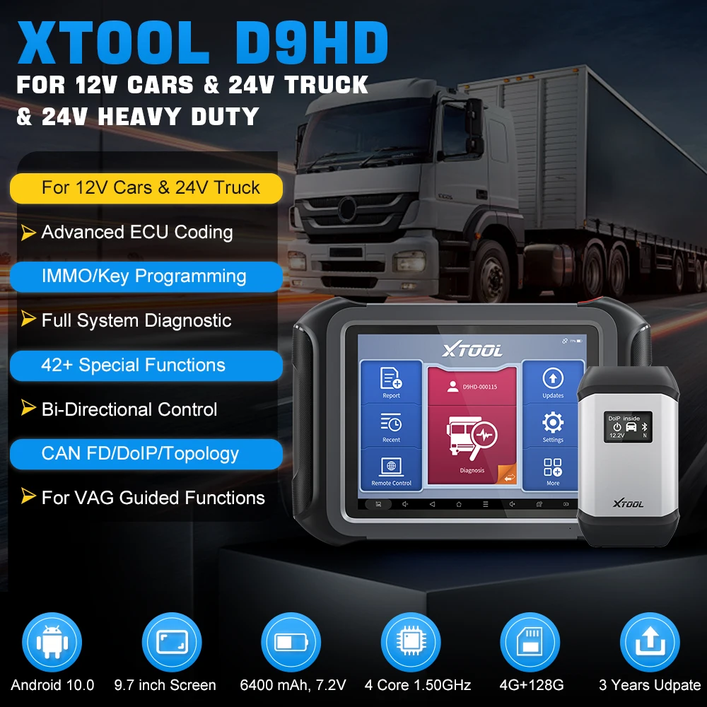 XTOOL D9HD Heavy Duty Truck Car Scanner Topology Key Programming 42 Reset All System Car Diagnostic Coding Tool For 12/24V Truck