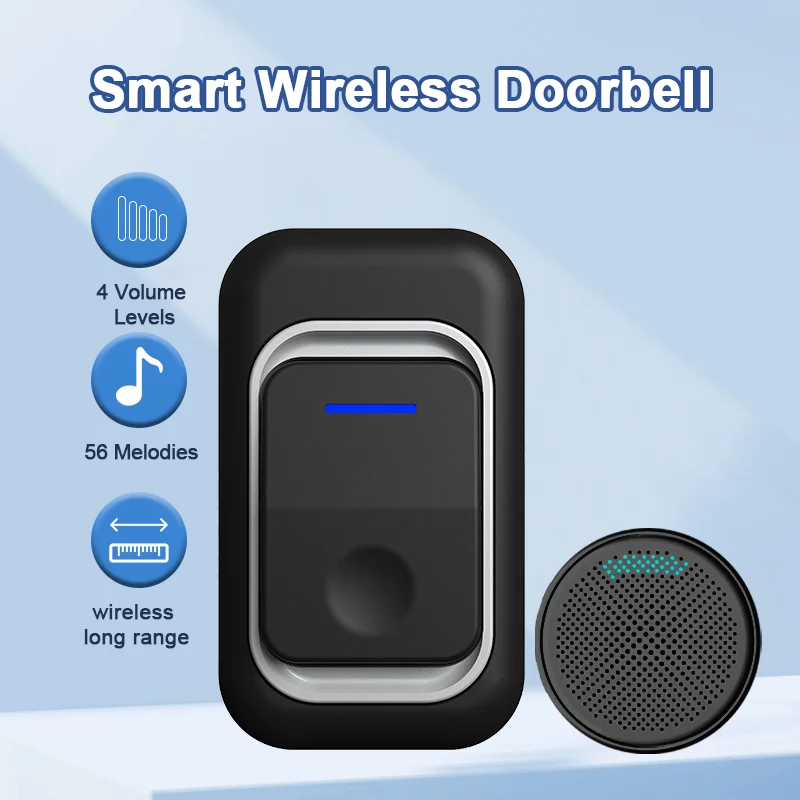 Wireless Waterproof Doorbell Range Home Intelligent Black Door Bell Chime 1 Button 1 or 2  Receiver