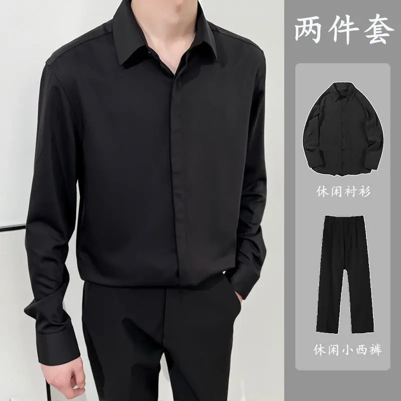 2-A15 Light and mature style INS temperament retro shirt boys yuppie two-piece set drape no-iron long-sleeved shirt casual suit