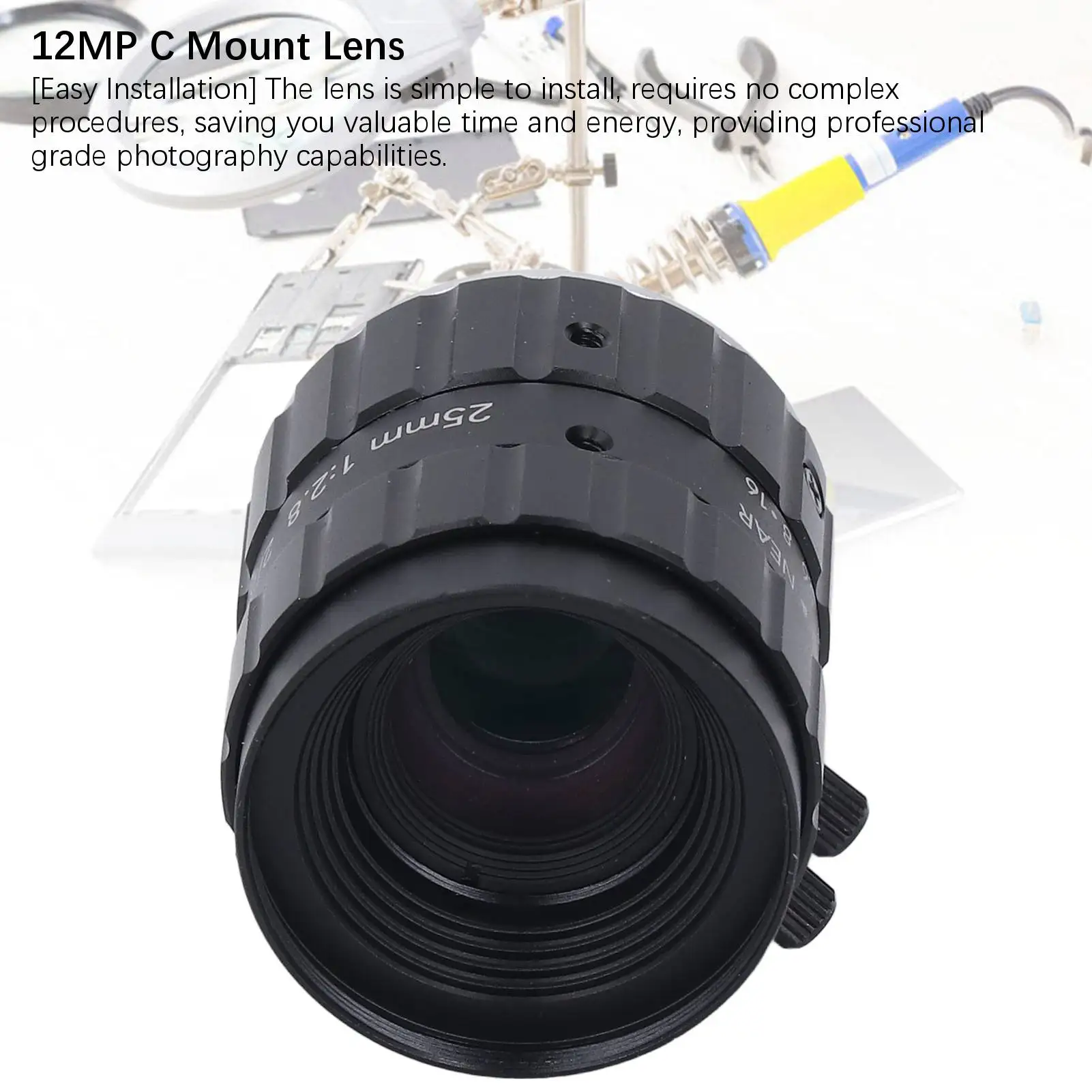 Lente de 25mm F2.8, lente de montaje C, 12MP, 2/3, 25mm de longitud F2.8, apertura de alta resolución, baja distorsión, lente Industrial gran angular