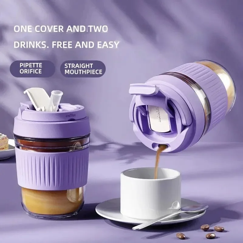 Portable Fashion Water Cup,With straw Glass Water Cup,Double-layer Drink Cup,Office ice coffee cups Gift Glass Cup 550ml