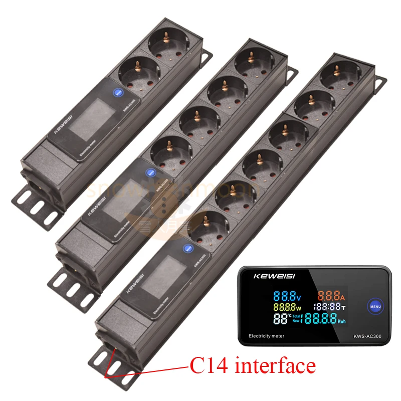 رف جبل PDU وحدة توزيع الطاقة الاتحاد الأوروبي المقبس مقياس التيار الكهربائي الرقمي الطاقة الطاقة الفولتميتر مقياس التيار الكهربائي المعادن Sehll C14 واجهة