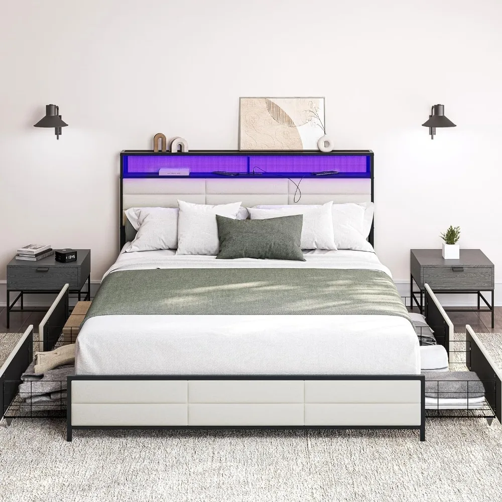 

Queen Size Bed Frame with Storage Drawer and Headboard, Frame with RGB LED Light and Ultra-Fast USB Type A/C Outlet