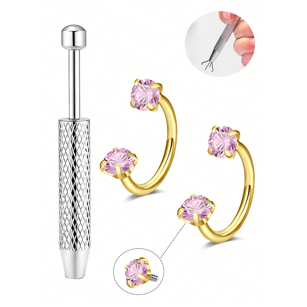 18G 2 Stück Hufeisen-Nasenringe mit 1 Stück Piercing Taper Ball Grabber, Edelstahl Doppel-Zirkonia-Nasenbolzen – Detail 14