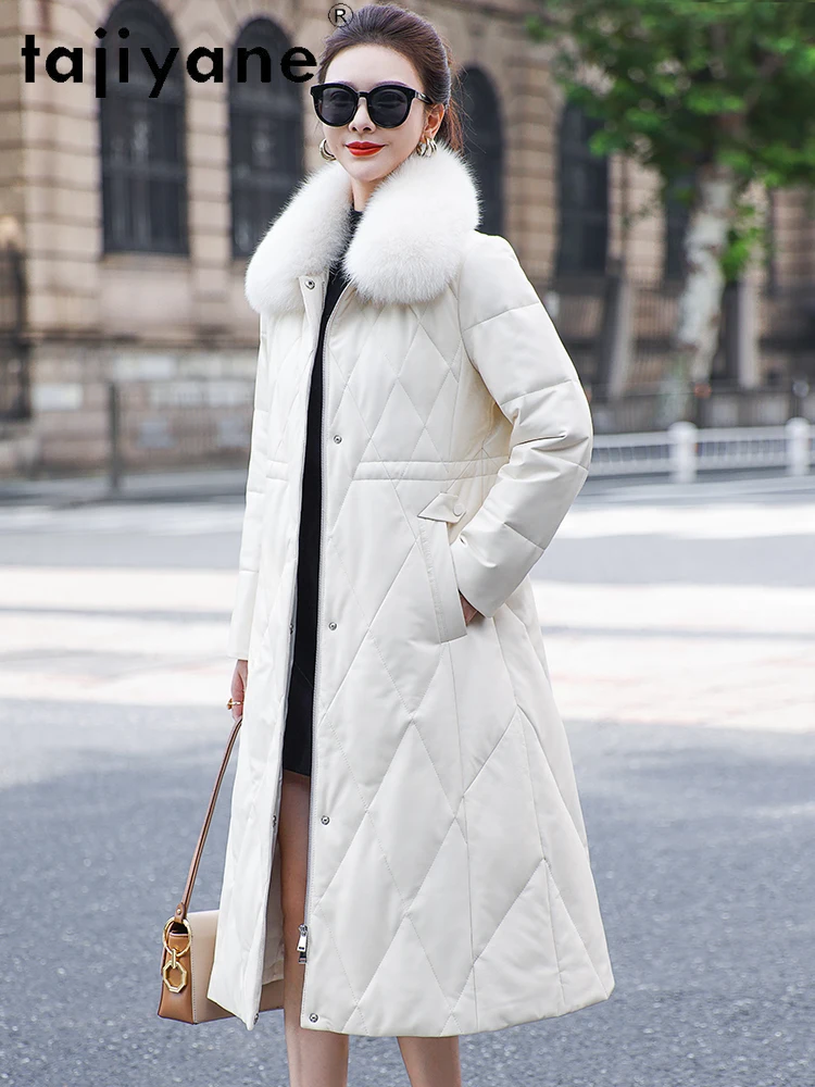 TAJIYANE 100% manteau en duvet d'oie en peau de mouton femmes col de fourrure de renard vestes longues en cuir véritable veste bouffante vêtements d'hiver 2025 
