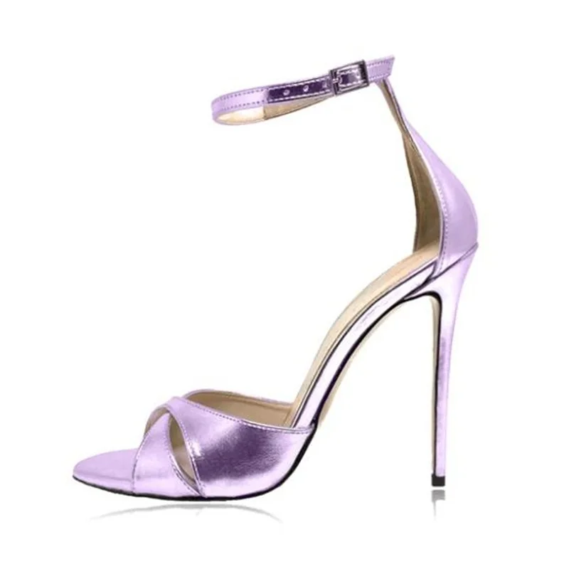 

Round toe Crossed Bands Women Sandals Purple Silver Metallic Leather Ankle Strap Cover Heels Summer Dress shoes