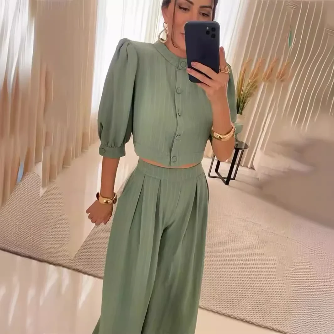 Women Two Piece Pant Sets Solid Wide Leg Pants High Waist Half Sleeve Button Splice Tops Casual Loose Elegant Summer 2024