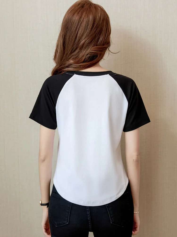 New Women Summer Short T-shirt Fashion Patchwork Contrast Color Loose Tees Tops Casual Simplicity O-Neck Short Sleeve T-shirt
